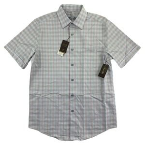 Tasso Elba Mens Stretch Mini-Box Dobby Plaid Short Sleeve Button Down Shirt S